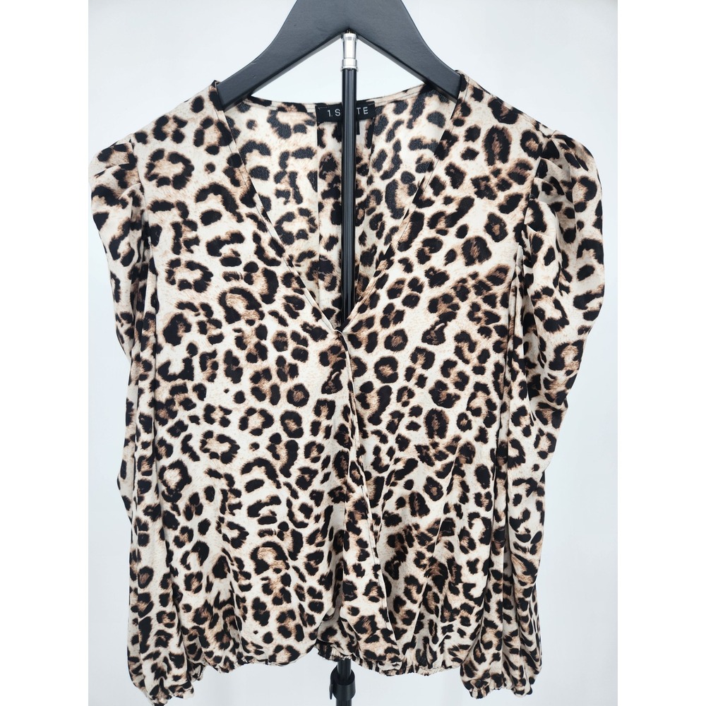 1.STATE Womens Leopard Print Surplice V-Neck Puff Shoulder Blouse Tan Black S